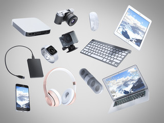 collection of consumer electronics flying in the air 3D render on grey background - obrazy, fototapety, plakaty