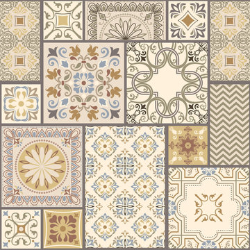 Vector abstract seamless patchwork pattern with geometric and floral ornaments, stylized flowers, dots and lace.