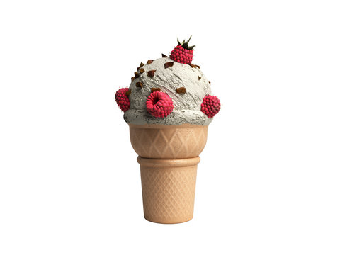 ice cream with raspberries and chocolate crumbs in a waffle cup 3d render on white no shadow