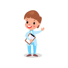Cute boy doctor in professional clothing with clipboard, kid playing doctor vector illustration