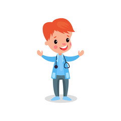 Smiling redhead boy doctor in professional clothing with stethoscope, kid playing doctor vector illustration