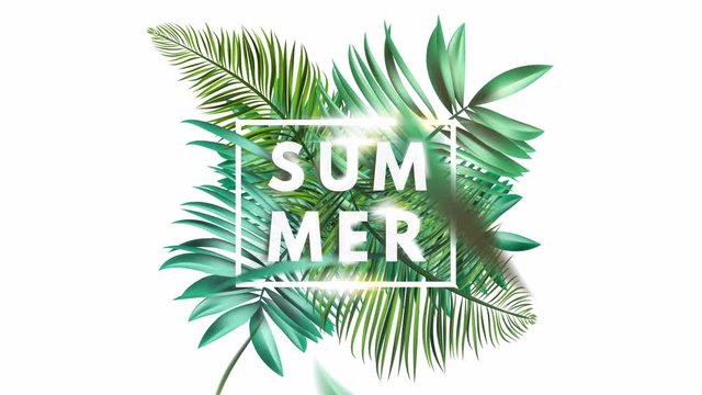Tropical, exotic palm leaves wind and breeze. Summer jungle typography with sun sparkles and white frame, border with glowing. Summer animation background