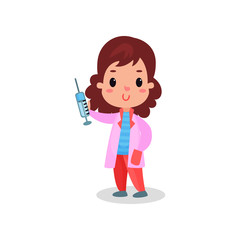 Sweet girl doctor in professional clothing holding syringe, kid playing doctor vector illustration