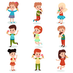 Fototapeta premium Cute children feeling happy with their ice cream set of cartoon vector illustrations
