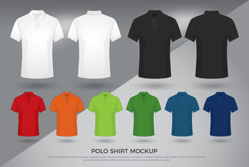 Men's polo shirt mockup, Set of black, white and colored blank polo shirts templates design. front and back view. vector illustration - obrazy, fototapety, plakaty