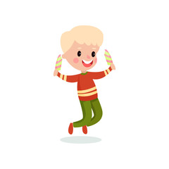 Happy boy feeling happy with his ice cream cartoon vector illustration