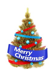 3d golden Christmas tree with merry christmas sign