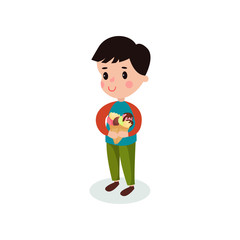 Sweet boy holding two ice creams cartoon vector illustration