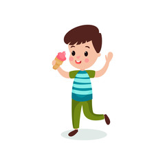 Cute boy eating ice cream cartoon vector illustration