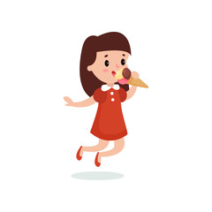 Happy brunette girl licking ice cream cartoon vector illustration