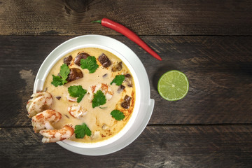 Tom Yam, traditional Thai soup with shrimps and mushrooms