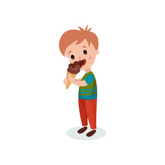 Cute boy licking ice cream cartoon vector illustration
