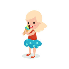 Pretty blonde girl licking ice cream cartoon vector illustration