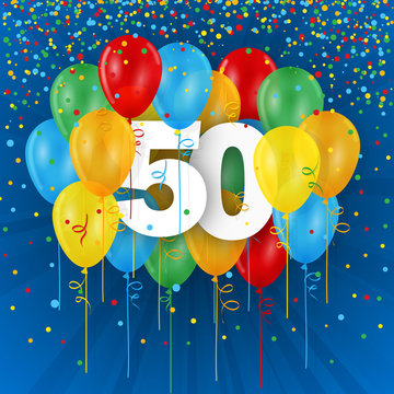 HAPPY 50th BIRTHDAY / ANNIVERSARY card with bunch of multi-coloured balloons