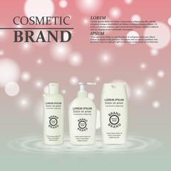 3D realistic cosmetic bottle ads template. Cosmetic brand advertising concept design with glitters and bokeh background