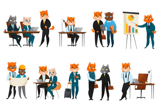 Business Cat Cartoon Icons Set 