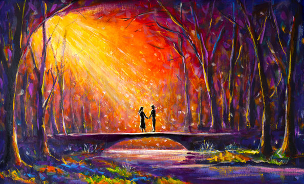 Lovers on bridge in woods at night. Romantic rays on lovers. Love. Romance. Secret love - colorful  painting art.