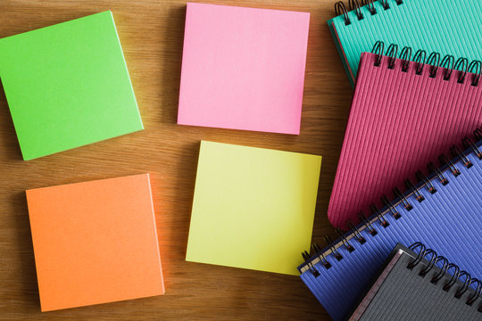 Empty place on the colorful sticky notes for a important ideas, plans, memories, messages, compliments or other text with positive mood. Reminder concept. Top view.