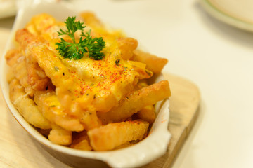 French fries and cheese in a white bowl