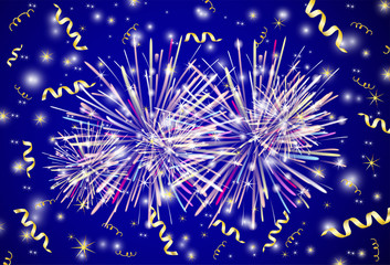 Vector background from the fireworks and gold ribbons.