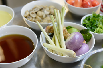 ingredients for TomYam spicy soup on table in the kitchen