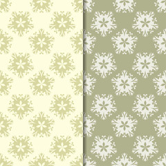 Olive green floral ornamental backgrounds. Set of seamless patterns