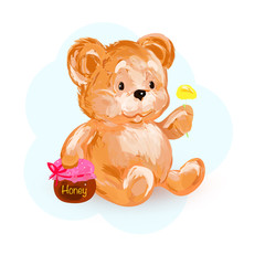 Naklejka premium Cute baby bear with honey pot and dandelion in his paws isolated on white. Water color imitation. Vector illustration for your project.