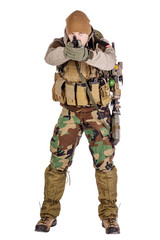 private military contractor aiming with black pistol.