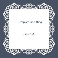Greeting card with openwork border, paper doily under the cake, template for cutting, wedding invitation, decorative plate is laser cut, vector illustrations.