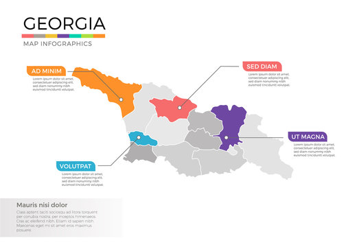 Georgia map infographics vector template with regions and pointer marks