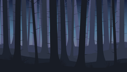 Landscape with silhouettes of blue trees in dark night forest - vector illustration