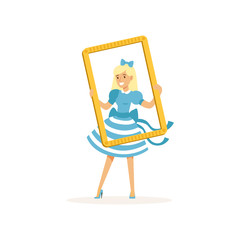 Actress in blue retro dress looking through frame