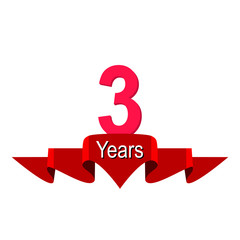 3rd year anniversary background with red ribbon on white. Poster or brochure template. Vector illustration.