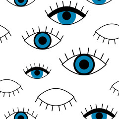 Blaues Auge. Vektor nahtlose Muster mit blauem Auge. Niedliche und lustige Modeillustrations-Patches oder Aufkleber-Kit.
