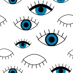 Printed roller blinds Eyes Blue eye. Vector seamless pattern with blue eye. Cute and funny fashion illustration patches or stickers kit.