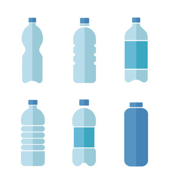 Blue vector flat design icons set of plastic bottles with clean water isolated on white background