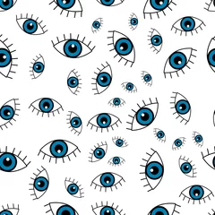 Gardinen Blaues Auge. Vektor nahtlose Muster mit blauem Auge. Niedliche und lustige Modeillustrations-Patches oder Aufkleber-Kit. © Aygun