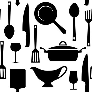 Kitchen and cooking utensils seamless pattern. Seamless pattern with kitchen utensils. Vector background.