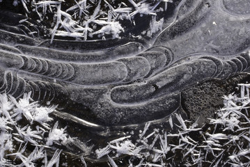 closeup macro patterns in winter of frozen water patterns and textures in a small creek