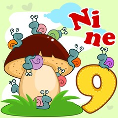 Мультфильм картинка для детей с изображением цифры девять и девяти улиток сидящих на грибе.