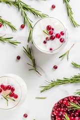 Ideas for drinks for Xmas and thanksgiving. White christmas margarita punch with cranberries and rosemary, on a white marble table, Copy space top view