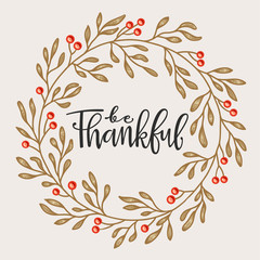 Thanksgiving greeting card with frame of leaves and berries.