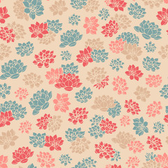Colorful hand drawn vector lilies silhouettes seamless pattern in retro style on beige background. Vintage floral design.