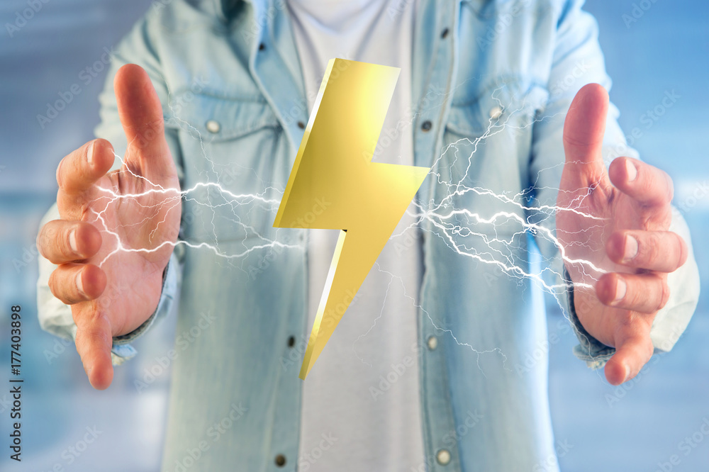 Poster thunder lighting bolt symbol displayed on a futuristic interface - 3d rendering