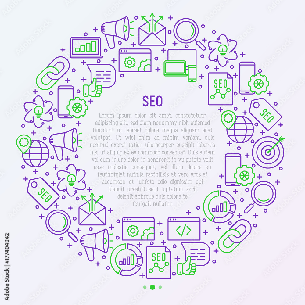 Poster seo and development concept in circle with thin line icons. vector illustration for banner, web page