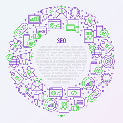 SEO and development concept in circle with thin line icons. Vector illustration for banner, web page, print media with place for text.