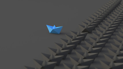 Leadership, success, and teamwork concept, blue leader boat leading black boats. 3D Rendering.