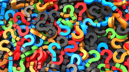 Colorful question marks background. 3D Rendering.