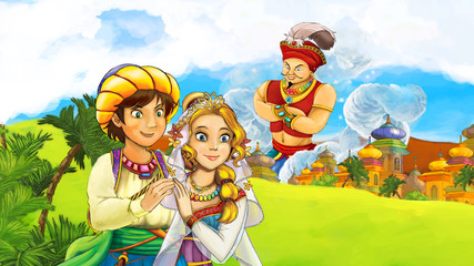 cartoon scene with loving couple near the castle looking at giant - illustration for children