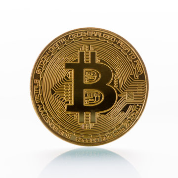 Isolated physical coin of cryptocurrency bitcoin.